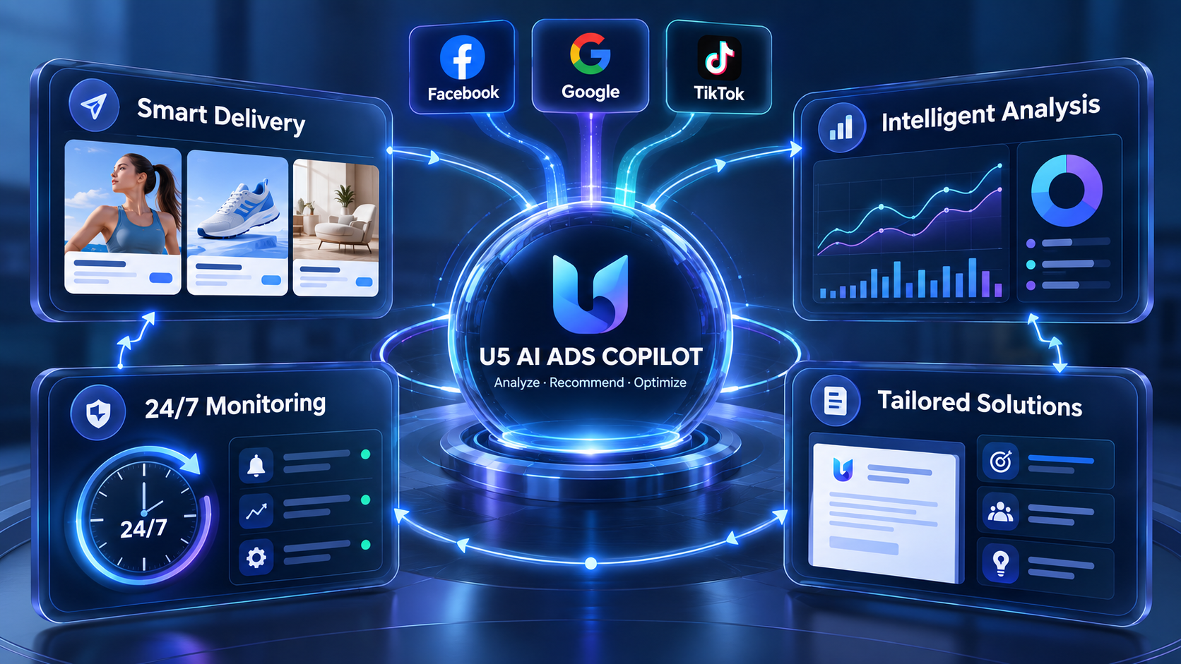 U5 AI Ads Copilot: smart delivery, intelligent analysis, tailored solutions and 24/7 monitoring across Facebook, Google and TikTok